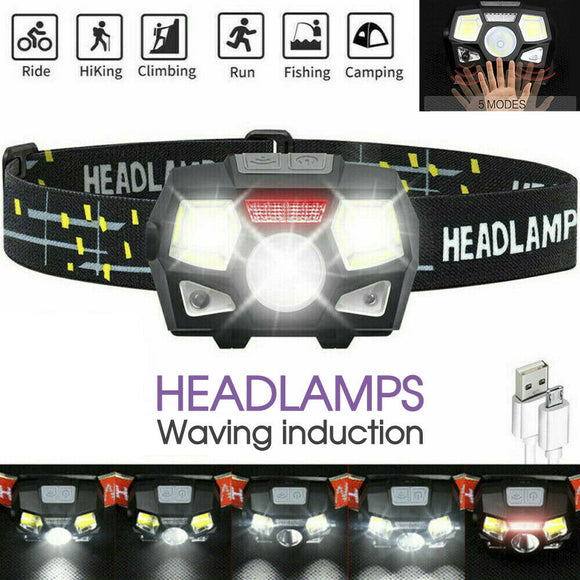 LED Head Torch Headlight COB Camping Headlamp USB Rechargeable Flashlight Lamp