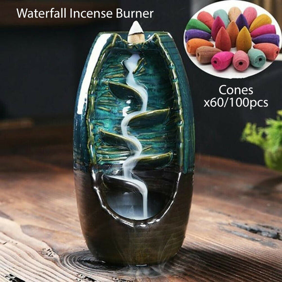 Backflow Ceramic Mountain Waterfall Smoke Incense Burner Cones Holder 60/100Cone