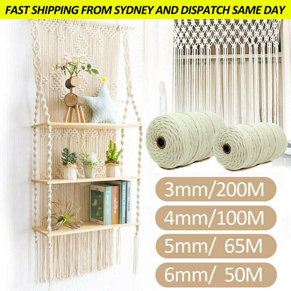 3/4/5/6 mm Macrame Rope Natural Beige Cotton Twisted Cord Artisan Hand Craft