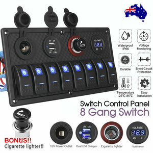 12V 8 Gang Rocker Switch Panel Waterproof Circuit Breaker Boat Marine Voltmeter