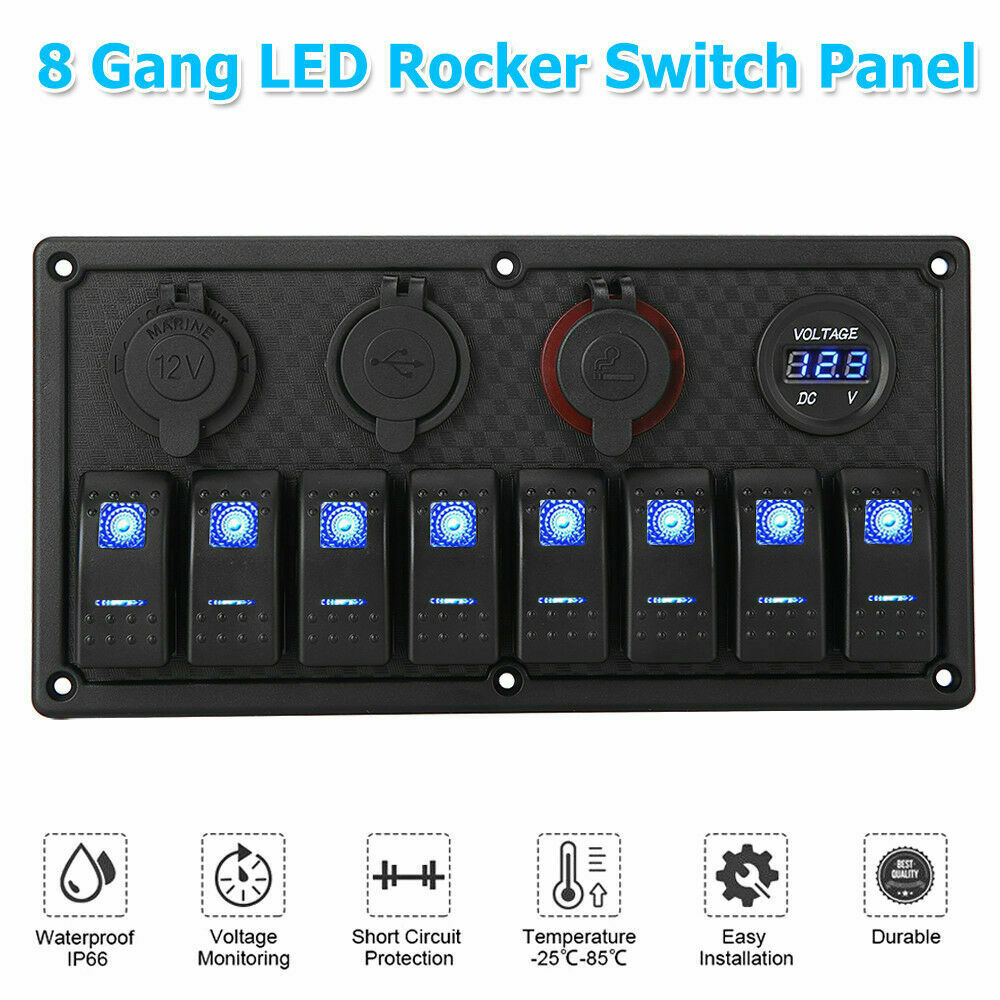 6-Gang Rocker Switch Panel With Green LED – 35A Heavy Duty For Car, Marine, Or Boat