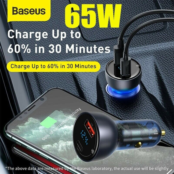 Baseus 65W Car Quick Charge PD QC4.0 USB Type C Cigarette Lighter Adapter 12-24V