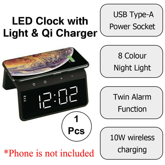 Table Alarm 8 Colour Night Light LED Clock with Light & Wireless QI Charger