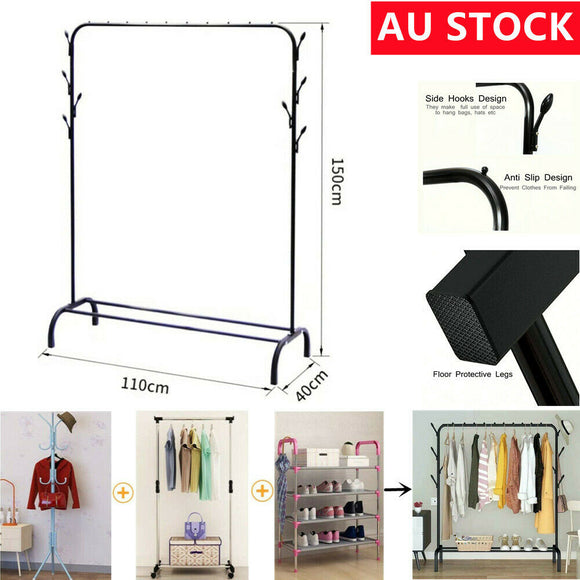 Clothes Garment Coat Hanger Rack Organiser Hat Hook Stand Shoes Storage Metal