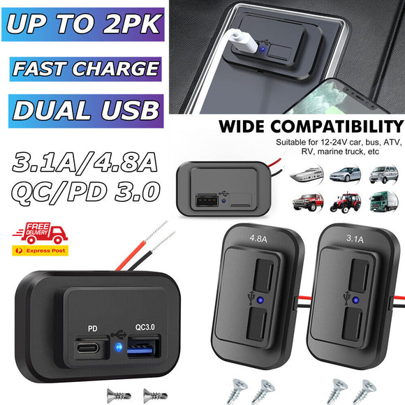 12/24V PD+QC3.0 Dual USB Type C Car Fast Charger Socket Power Outlet Waterproof