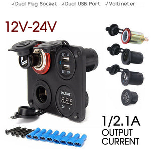 12V-24V Car Cigarette Lighter Socket Dual Plug + Dual USB Port Charge +Voltmeter