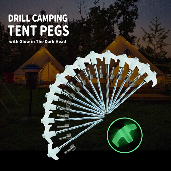 15x Heavy Duty Steel Screw / Drill Camping Tent Pegs with Glow in The Dark Head