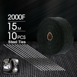Heat Resistant 2000F Exhaust Wrap Black 15M*50mm + 10 Stainless Steel Ties