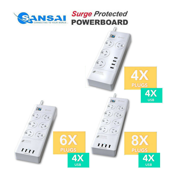 Sansai Power Board 4 6 8 Way Outlets Socket 4 Port USB Charger Surge Protector