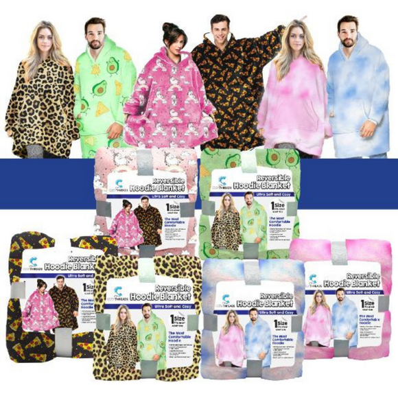 6 Assorted Print Cuddle Hoodie for Women and Men with Front Pocket Ultra Soft