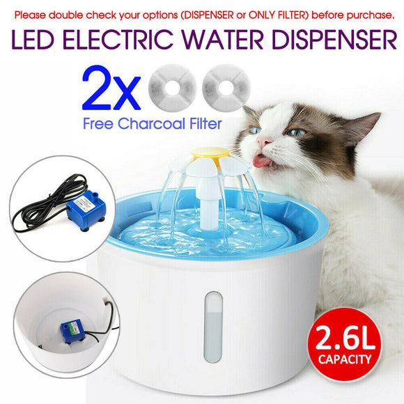 2.6L LED Automatic Electric Pet Water Fountain Dog Cat Drinking Dispenser Filter