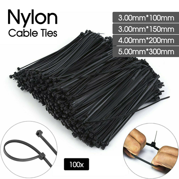 Cable Ties 100x Zip Ties Nylon UV Stabilised Bulk Black Cable Tie