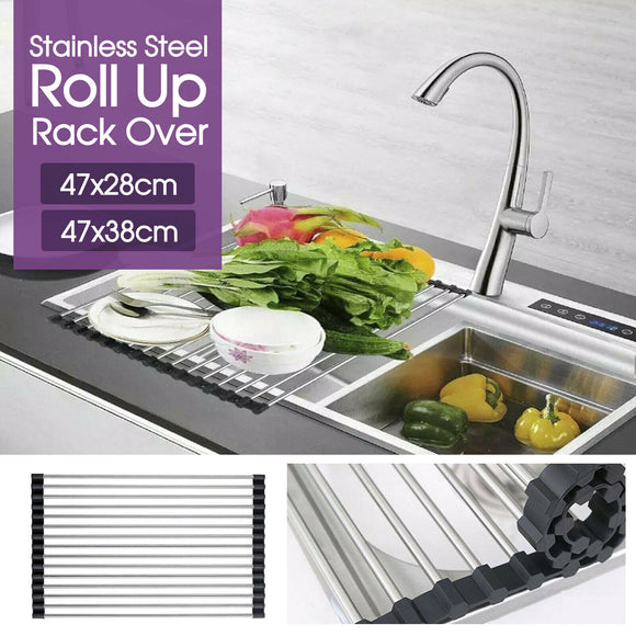 Stainless Steel Dish Rack Drying Drainer Over Sink Rack Roll Up Foldable Kitchen