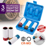 3pc Alloy Wheel Deep Impact Nut Socket Set 17, 19, 21mm 1/2'' with Nylon Sleeve