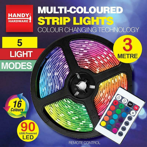 RGB 90 LED 3M Strip Lights - 12V USB Power 16 Colours 5 Modes w Remote Control