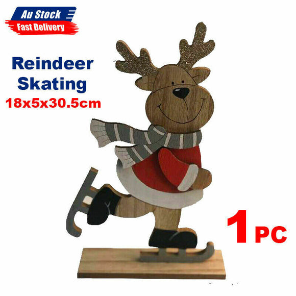3D Xmas Decorative Statue Wooden Christmas Reindeer Skating Decoration Home