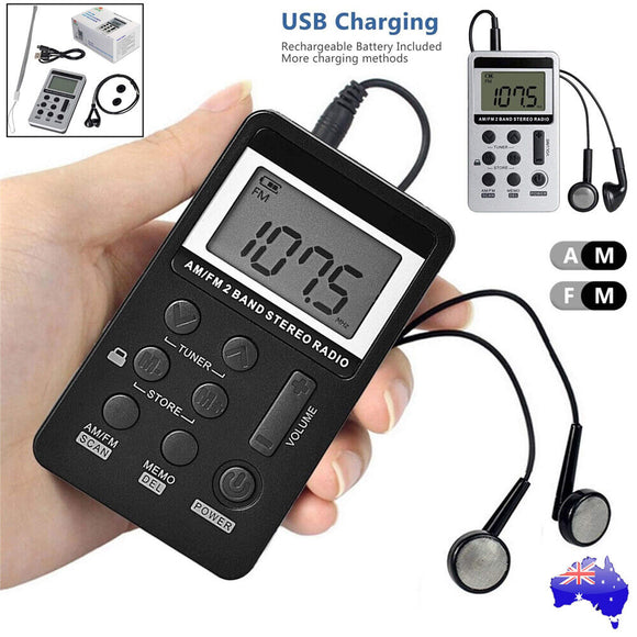 FM/AM Mini Radio Pocket Receiver Portable Digital LCD Stereo Earphone Set USB
