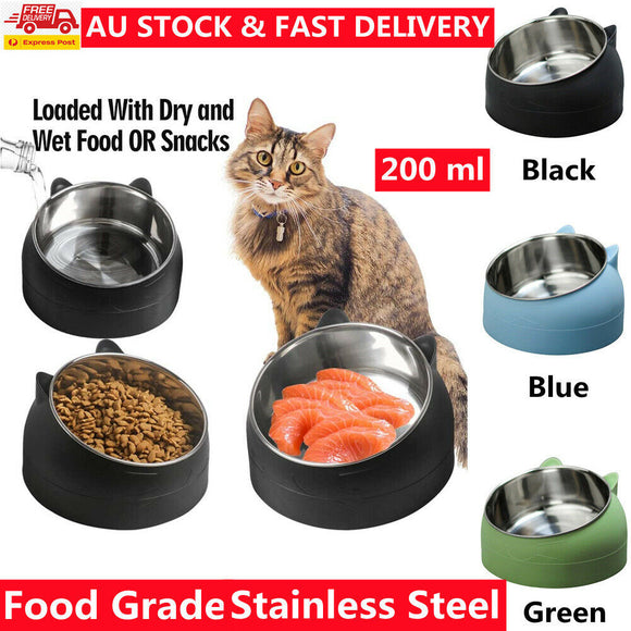 Pet Dog Cat Food Bowl Raised No Slip Stainless Steel Tilted Water Food Feeder