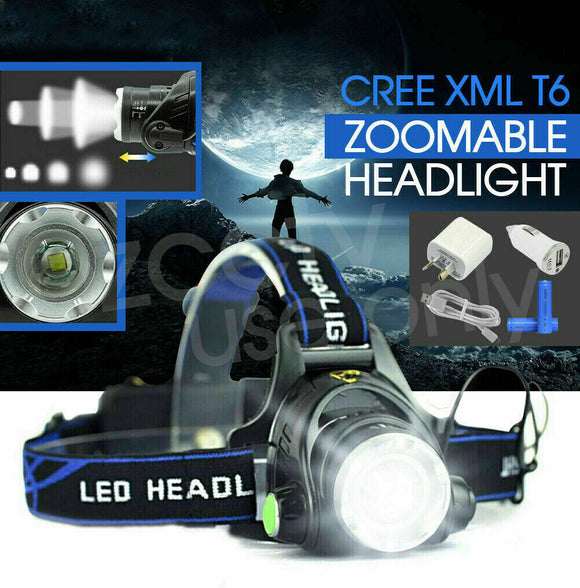 100000LM Zoomable LED Headlamp Rechargeable Headlight CREE XML T6 Head Torch