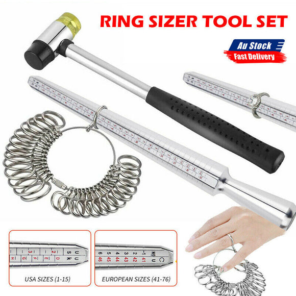 Silver Ring Sizer Size Gauge Tool Finger Measuring Stick Metal Ring Mandrel Set