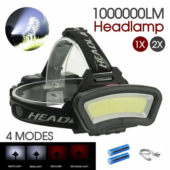 1/2X 1000000LM COB+LED Headlamp Headlight Torch USB Rechargeable Flashlight Work