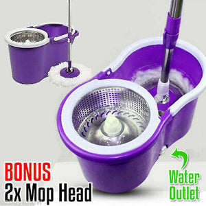 360 Spinning Dry Magic Mop Stainless Steel Rotation Spin Pedal Free 2 Mop Head