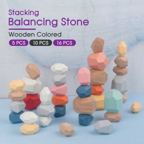 5/10/16PCS Toy Creative Wooden Colored Stacking Balancing Stone Building Blocks