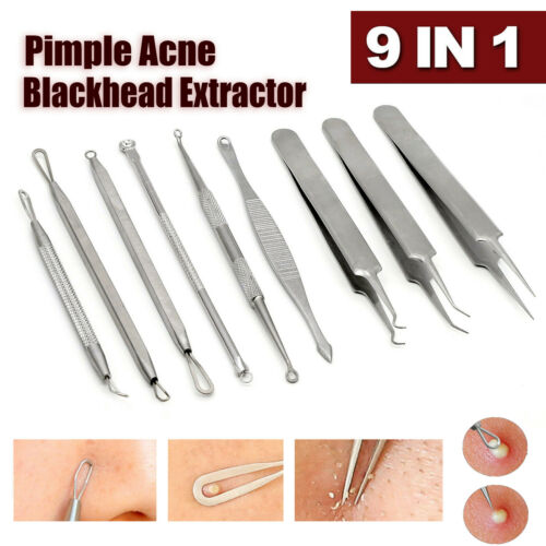 9pcs Curved Blackhead Acne Clip Needle Tweezers Pimple Popper Extractor Remover