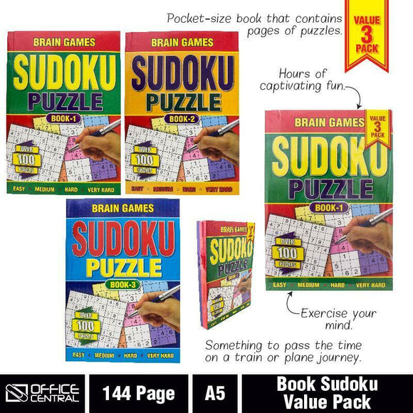 3x Brain Games A5 Sudoku 144pg Activity Books